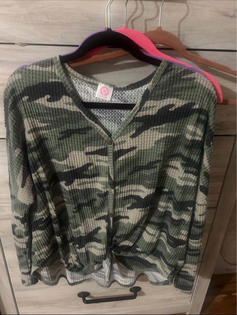 Camo Waffle Knit Button-Down Top